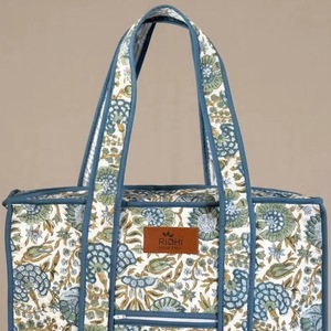Ridhi Indian Hand Block Printed <b>Quilted</b> Cotton Tote Bag Chains Two Straps Zip Closure Shoulder <b>Handbag</b> Women Travel Casual - Product Image 2