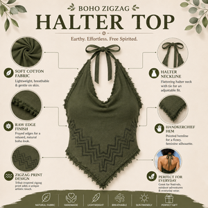 Haut halter bohème long |   Chemisier en coton à ourlet zigzag sans manches respirant pour femme – Idéal pour l'été, les festivals, la plage, les vacances, style hippie décontracté - Product Image 3