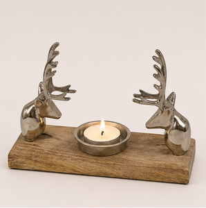 Handmade Silver Aluminum Reindeer Head Candle Holder With Solid Mango Wood Base Modern Rustic Tealight <b>Stand</b> For Christmas Table - Product Image 1