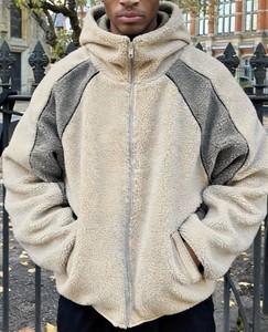 Men's Black <b>Fleece</b> <b>Jacket</b> Hooded Zipper Closure Windproof Casual Winter Outerwear Regular Fit Sherpa <b>Lining</b> Reversible - Product Image 5