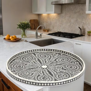 Bone Inlay Floral Tray – Handmade Decorative Serving Tray for Coffee <b>Table</b>, <b>Vanity</b> & Home Décor - Product Image 1