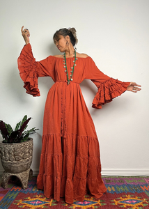 Bohemian for Orange V-neck Maxi Dress Dramatic Tiered Flare <b>Bell</b> Sleeve Waist Tie Ruffled Hem Eco-Friendly Organic Cotton - Product Image 4