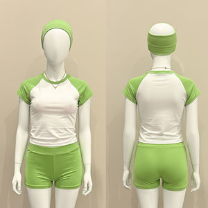 Womens Green and White Custom Logo Short Sleeve <b>Raglan</b> Crop <b>Top</b> Matching Shorts Twin Set OEM ODM Wholesale - Product Image 1