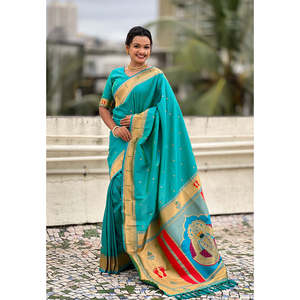 Sari en soie Paithani tissé Zari bleu aqua Elite Weaves, 650g, vêtements indiens et pakistanais - Product Image 6