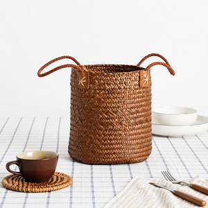 Panier en jonc de mer naturel tressé à la main avec poignées – Sac de rangement polyvalent style bohème vintage pour la décoration intérieure - Product Image 4