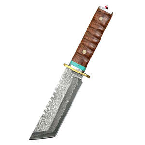 Couteau de chasse en acier de Damas forgé à la main, manche en bois massif, avec étui en cuir inclus - Product Image 6