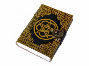 Yellow Pentacle Design Embossed Handmade Genuine Leather Journal Hardcover Blank White Paper Notebook Antique Brass C-Lock Diary - Product Image 2
