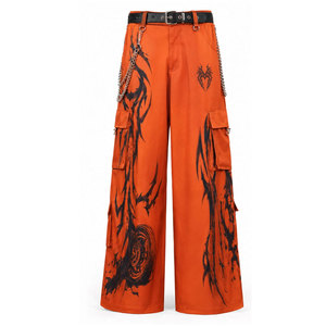 Pantalon cargo rose à jambes larges avec décorations en chaîne, imprimé par sublimation, taille haute, style streetwear pour homme, été, respirant, polyester - Product Image 5