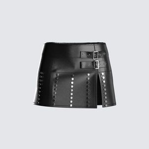 Jupe mini asymétrique en cuir véritable pour femme, taille naturelle, décor rivets, style vintage brillant, couleur unie, respirante, en satin - Product Image 4