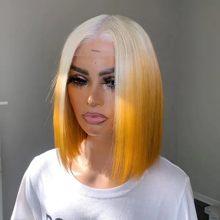 613 Blond Color Bob Wig Wholesale Brazilian Half Lace Virgin Human Hair Wig 4x4 Lace Closure Ombre Colored Bob Wig
