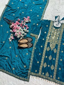 Soft Smooth Heavy Chinnon <b>Silk</b> <b>Fabric</b> Full Embroidery Sleeve Pattern Straight Cut Border Women's Salwar Kameez Dupatta Set Party - Product Image 5