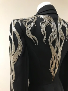 Blazer Negro de Algodón Hecho a Mano con Bordado de Perlas de Cristal y Diseño de Pavo Real, Chaqueta Formal para Hombre de Forma Rectangular, en Tendencia - Product Image 3