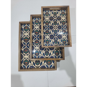 Ensemble de plateaux de service en bois de manguier faits à la main, mosaïque géométrique marron, art émaillé, plateaux décoratifs en bois pour le petit-déjeuner avec poignées - Product Image 3