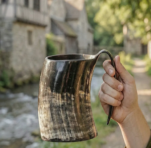 Tall polished horn mug featuring <b>light</b> and dark marbling with a classic curved handle, available at wholesale prices. - Product Image 5