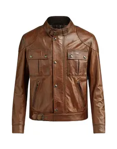 Real Leather Sheepskin Wholesale Men's New Design Fashion Cognac Gangster 100% Waxed Biker Leather Jacket For Biker Jacket