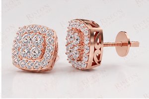 Premium cushion halo diamond <b>stud</b> earrings in 18K rose gold with clustered round center and double halo setting for bold brillia - Product Image 2