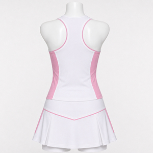 <b>Women</b> Breathable Tennis Dress <b>White</b> Pink Sleeveless Racerback Pleated Skirt Set With <b>Shorts</b> - Product Image 2