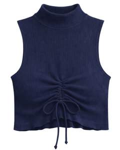 Débardeur court côtelé bleu marine à col montant sans manches avec cordon de serrage ajustable et fronces sur le devant, coupe ajustée pour femme, tenue décontractée - Product Image 1