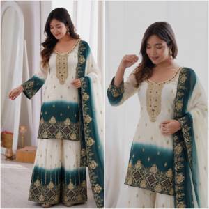 Conjunto de top de georgette con bordado de diseño, pedrería Kundan y relleno bicolor, con pantalón y dupatta, completamente cosido. - Product Image 4