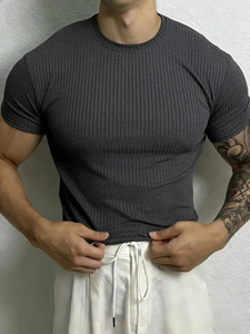 Camiseta de Manga Corta para Hombre, Negra, Acanalada, Corte Ajustado, Cuello Redondo, Tejido de Punto, Color Sólido, Transpirable, 100% Algodón, Ecológica, Excelente - Product Image 5