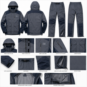 Ripstop Polyester Fabric Hooded Solid Two Piece Windbreaker Set <b>Zip</b> Pocket Chest Design Custom Color Combination OEM - Product Image 6