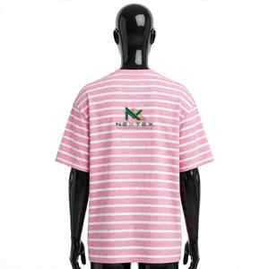 T-shirt rayé unisexe NEXTEX rose et blanc en jersey de coton doux à col rond décontracté - Product Image 2