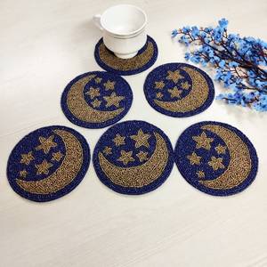 Handmade Beaded Moon Star Coaster Blue Gold Round Bar Mat Classic Style Reusable <b>Drinkware</b> <b>Accessory</b> - Product Image 1