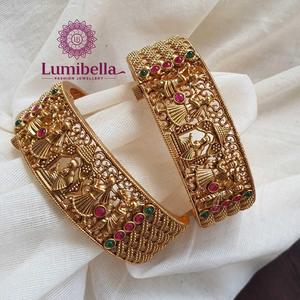 24K Gold Plated Copper Matte Kada Bangles with Pearl and <b>Ruby</b>-Trendy Vintage Religious <b>Bracelets</b> - Product Image 1