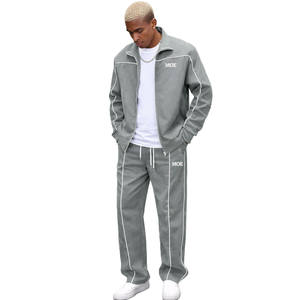 Ensemble survêtement et jogging en molleton gris pour homme avec piping contrasté, haut zippé et pantalon large, streetwear, tenue quotidienne, deux pièces - Product Image 1