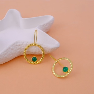 Handmade Bohemian Fashion Dangle <b>Earrings</b> Natural Green <b>Onyx</b> Round Hoop Gold Plated Textured Gemstone Jewelry for Women - Product Image 3