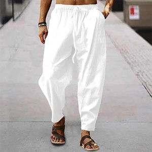 Men's Linen Harem <b>Pants</b> Elastic Waist Drawstring Casual Loose Fit Breathable <b>Summer</b> Trousers With Side Pockets - Product Image 3