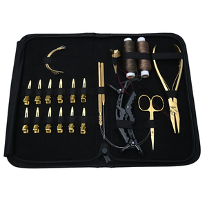 Gold Salon Hair Extension Tool Kit with 7 Inch Flat Beads Crimping Plier Pulling <b>Hook</b> Loop Wig Threads Parting Finger ring Set - Product Image 1