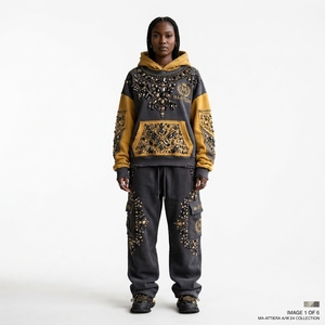 Custom <b>Women</b> Black Mustard Color Block Rhinestone Hoodie Cargo <b>Jogger</b> Set Cotton <b>Fleece</b> Streetwear Tracksuit Wholesale - Product Image 1