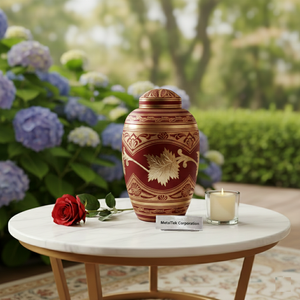 Urnas funerarias decorativas de latón para cenizas, acabado rojo vibrante con intrincados grabados florales dorados, elegantes y duraderas urnas conmemorativas. - Product Image 2