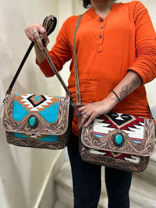 Newest Hand Tooled Leather Crossbody Bag Saddle <b>Blanket</b> Purse Western Women Handbag Vintage Turquoise Aztec Carpet Cowgirl Purse - Product Image 3