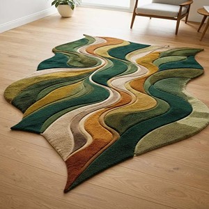 Contemporary Irregular Shape Rug Abstract Green <b>Brown</b> Wave Pattern Hand Tufted Soft Plush Carpet Home Living Room Bedroom Decor - Product Image 3