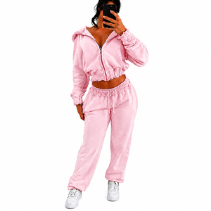 Ensemble sweat à capuche 2 pièces en polaire rose pour femme, coupe droite, couleur unie, avec poches zippées et broderies, toutes saisons - Product Image 1