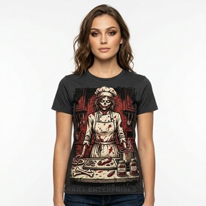T-shirt graphique pour femme en gros, imprimé personnalisé Zombie Chef, gris anthracite, en coton, thème horreur, streetwear, hauts décontractés pour le quotidien - Product Image 1