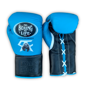 Guantes de Boxeo Profesionales de Cuero No Boxing No Life - Azul Claro y Negro con Cordones, Equipo de Combate Hecho en México, Diseño Gráfico Team Bear - Product Image 1