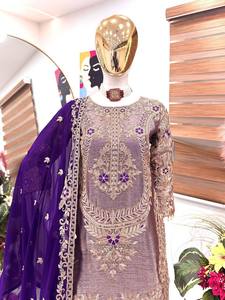 Conjunto de Salwar Kameez Morado Bordado con Palazzo, Kurti de Georgette y Dupatta, Ropa Étnica Tradicional India para Bodas y Fiestas - Product Image 3