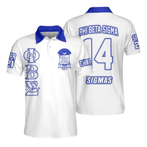 Phi Beta Sigma <b>Ringer</b> <b>T</b>-<b>Shirt</b> <b>Men</b> White Blue Short Sleeve Contrast Collar Number 14 Back Print Greek Jersey - Product Image 1