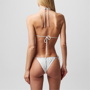 Women's <b>White</b> Triangle Halter <b>Bikini</b> <b>Set</b> Two Piece Tie Side Thong Swimwear Solid Color Stretch Beachwear - Product Image 6