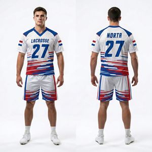 Ensemble de maillot de lacrosse blanc et rouge à pois dégradés, uniforme d'équipe sublimé, tissu en maille respirant, séchage rapide, vêtements de sport athlétiques - Product Image 5