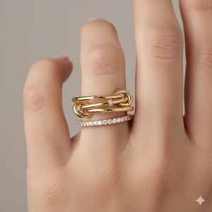 แหวนแต่งงานทองคำแท้ 14K แบบสั่งทำพิเศษ ดีไซน์เชื่อมต่อกัน 2 วง ประดับเพชรสองสี เพชรเพาะเลี้ยงในห้องปฏิบัติการ แหวนหมุนได้ - Product Image 2