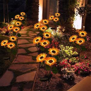 Confezione da 2 Luci Solari a LED Migliorate per Giardino, a Picchetto, Lampeggianti, a 3 Teste a Forma di Girasole, Impermeabili, Alimentate a Energia Solare, per Decorazioni Esterne - Product Image 5