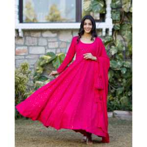 Ensemble de costume en mousseline de soie rose orné de broderies Chikankari avec sac Potli, taille XS - Product Image 4