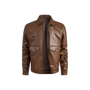Men's Brown Genuine <b>Leather</b> <b>Jacket</b> Turn-down Collar Button Closure Workwear Style Regular Length Autumn Wear Solid Color - Product Image 1