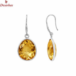 Elegant women's trendy drop <b>earrings</b> <b>solid</b> 925 sterling <b>silver</b> natural citrine gemstone bezel set <b>earring</b> anniversary party gift - Product Image 1