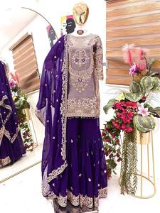 Conjunto de Salwar Kameez Morado Bordado con Palazzo, Kurti de Georgette y Dupatta, Ropa Étnica Tradicional India para Bodas y Fiestas - Product Image 2