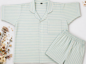 Ensemble de pyjama en coton imprimé à rayures verticales florales, fait main, tissé, pour le printemps et l'été, tenue de détente élégante, pyjama de nuit Q - Product Image 3